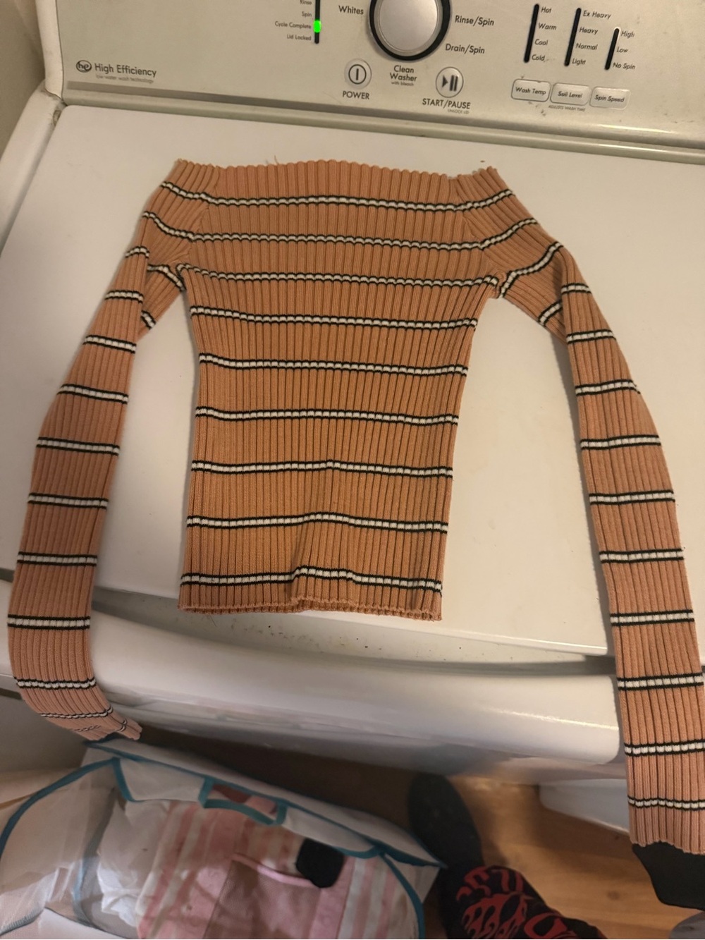Ribbed Off-Shoulder Striped Crop Top - Tan & Black